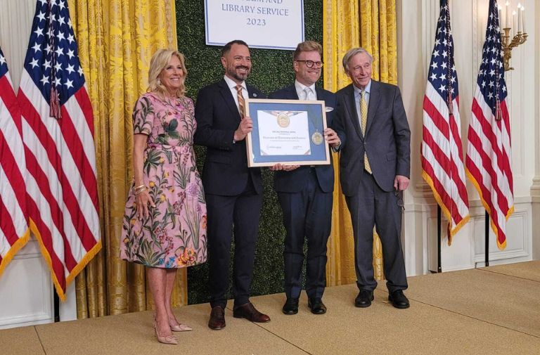 From left: First Lady Dr. Jill Biden, MODS President and CEO Joseph P. Cox, Broward County Cultural Division director Phillip Dunlap, and ILMS director Crosby Kemper.