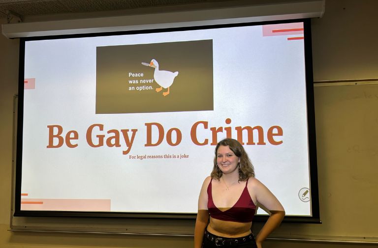 Logan McGraw after her two-hour queer history presentation. Photo courtesy of Kayla Barnes.