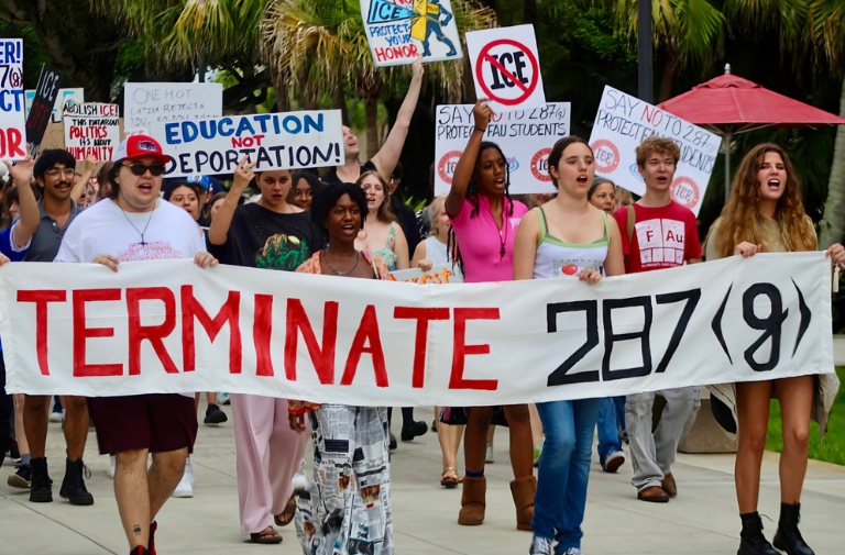 A student-led protest against FAU's 287(g) agreement and connections to the GEO Group. Photo by Christian "CJ" Walden.